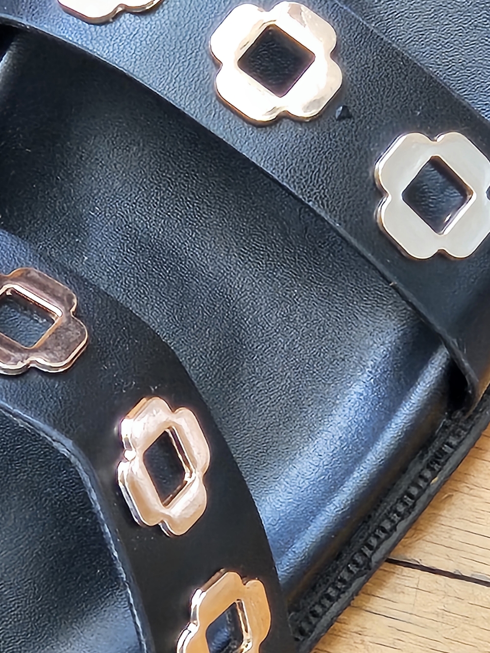 Nicole Miller Black Slide Sandals with Gold Accents - Picture 10 of 13